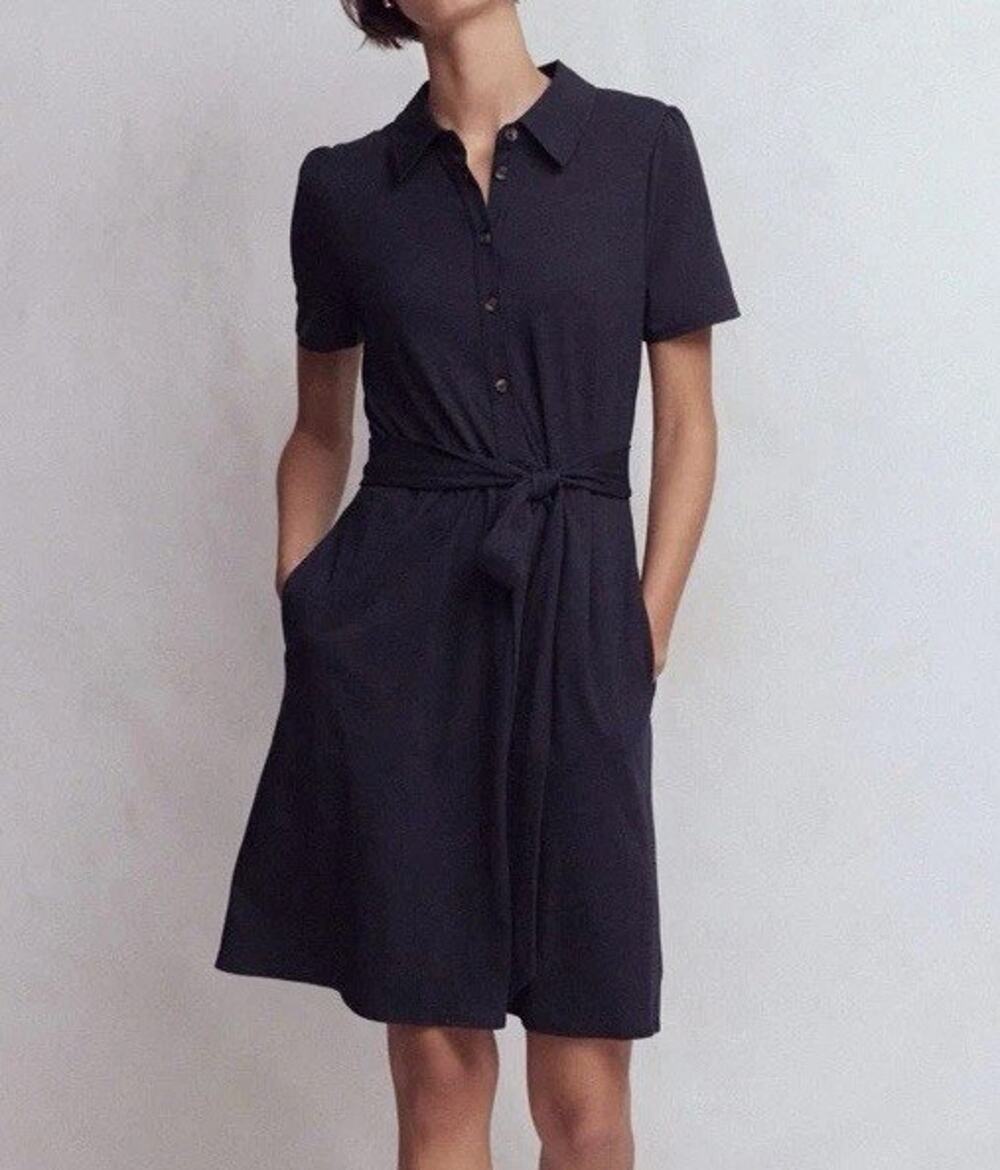 Boden Patti Short Sleeve Jersey Shirt Navy Dress Belted Sz 4 US